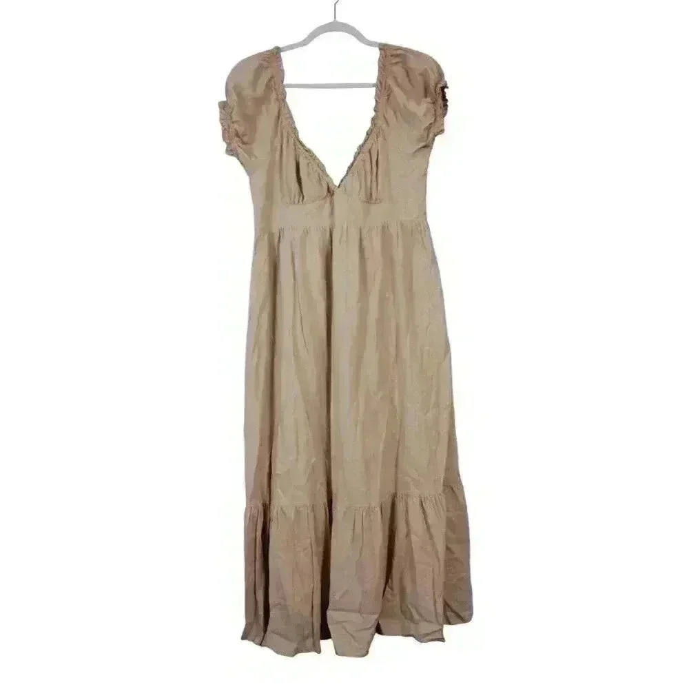 NWOT MABLE Tiered Midi Dress Size Large Beige Linen Cottagecore Minimalist Beach - Picture 6 of 15